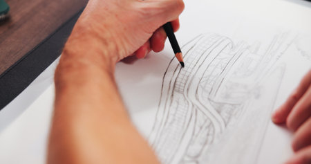 Drawing, sketch and hands of person with paper for design, property development and building. Creative designer, artist and worker with blueprint, floorplan and illustration for structure or modelの写真素材