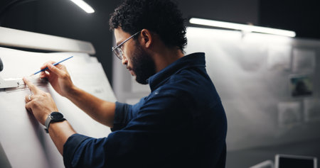 Sketching, creative and man artist in studio at night with deadline for animation illustration. Board, equipment and male graphic designer drawing for visual character prototype at agency in dark.の写真素材