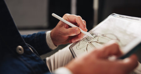 Person, hands and designer with tablet screen or drawing for car prototype or modeling at office. Closeup, mechnical engineer or digital sketch with technology for 2D vehicle, blueprint or projectの写真素材