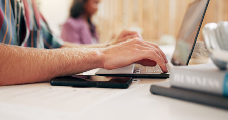 Hands, student or man typing on laptop for university exam in class with info, research or...