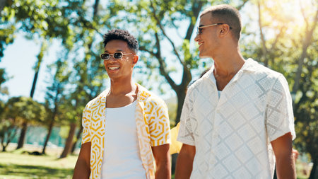 Smile, men and friends talk at park for social gathering, university break and bonding together. Happy, people and walking with streetwear clothes for summer holiday, travel journey and reunion tripの写真素材