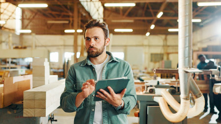 Carpenter, woodwork and man with tablet in workshop for inventory management, stock inspection and quality control. Timber manufacturing, supervisor and digital checklist for online furniture orderの写真素材