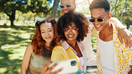 Gen z, happy people and friends in nature for selfie together for cool fashion, bonding or reunion. Hangout, social media influencer or men with women in outdoor park for picture, vacation or holidayの写真素材