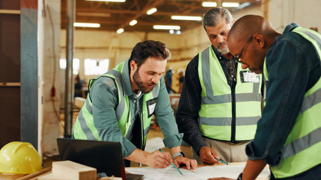 Teamwork, blueprint or people in carpentry workshop for factory, drawing or manufacturing project....