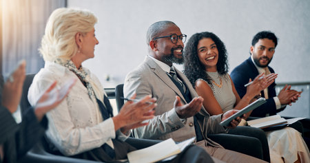 Business, applause and audience in seminar, group and colleagues in workshop for training or meeting. Conference, success and crowd with smile for presentation, clapping and achievement for peopleの写真素材
