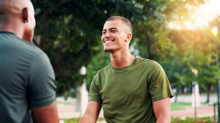Fitness, friends and men with smile, handshake and conversation for exercise in morning and athlete....