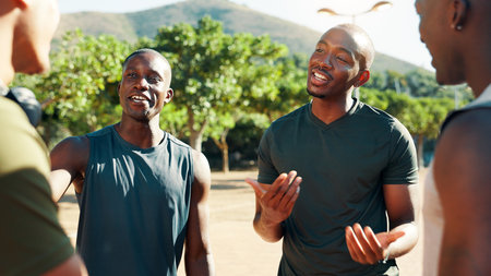 Fitness, friends and men outdoor in park for wellness, teamwork and personal trainer. Smile, support and runner athlete group together for meeting, team training or reunion for exercise or workoutの写真素材