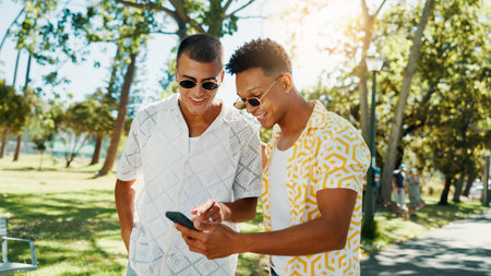 Happy, friends and men with phone at park for social media post, online blog and reading text message. Mobile, gen z people and outdoor together for internet, communication and show video on appの写真素材