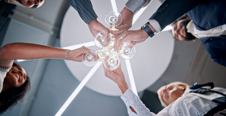 Office, business people and hands with toast for celebration, startup success and social event. Low...