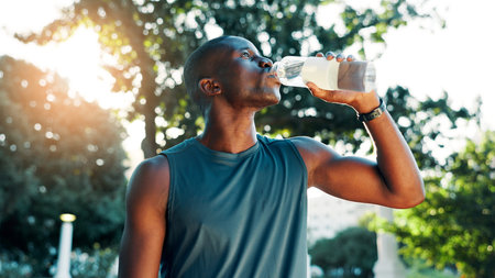 Nature, black man and fitness with drinking water for wellness, hydration and nutrition with...