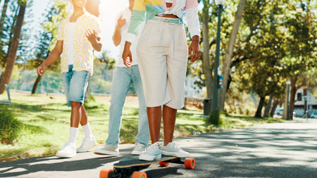 Skateboard, nature and group of friends with fun outdoor in park for bonding, vacation or hobby....