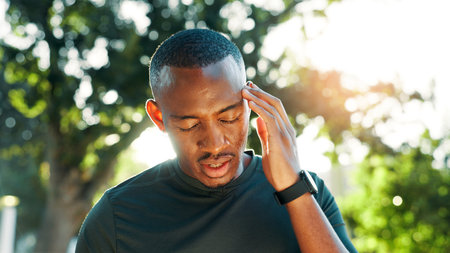 Fitness, headache and man with pain, tired and African person exhausted with intense training outdoor. Migraine, exercise and sick sports athlete with fatigue, stress or dehydration with heat at parkの写真素材