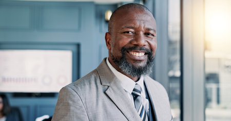 Business CEO, black man and happy with portrait in office for company management and finance...
