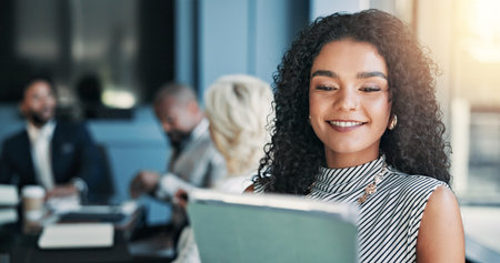 Happy, corporate and woman on tablet in office as accountant, budget plan and financial report. Smile, person and digital for research, schedule update and investment feedback of negotiation proposalの写真素材