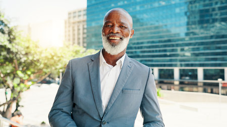 Architecture, building and portrait of black man in city for career inspiration or opportunity. Business, location and real estate with mature property developer outdoor downtown for commercial saleの写真素材