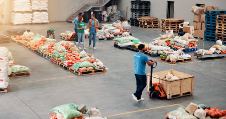 People, volunteer and food distribution at warehouse, community charity and humanitarian crisis. Staff, helping and machine with groceries for courier services, homeless donation and parcel logisticsの写真素材