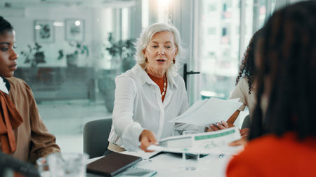 Management, meeting and report with business women in boardroom of office for planning or strategy....