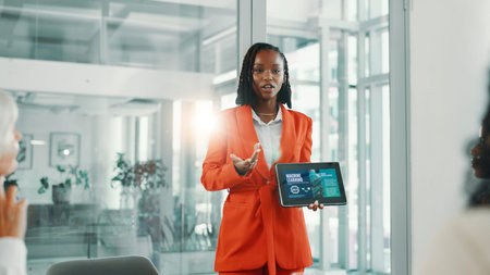 Presentation, discussion and woman with tablet, boardroom or robotic process automation or...