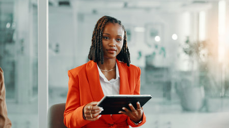 Business, connection and black woman in office, tablet and email with website info. African person, magazine editor and employee in workplace, tech and confidence with pride, social media and appの写真素材