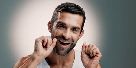 Teeth, happy and man in portrait with dental floss for oral hygiene, plaque removal and gum health. Mockup space, person and mouth care on studio background for fresh breath and cavity preventionの写真素材
