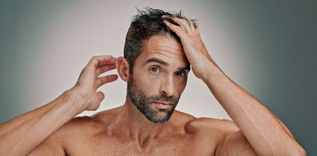 Beauty, hair and grooming with portrait of man in studio for cleaning, salon skincare and...