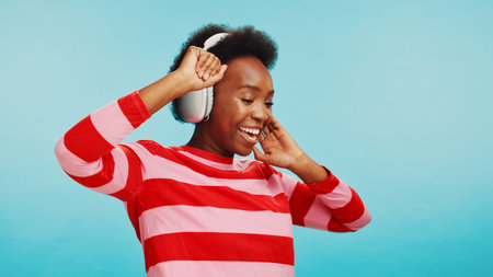 Studio, black woman or excited with music for dance, hip hop or confidence with audio track. Mockup...