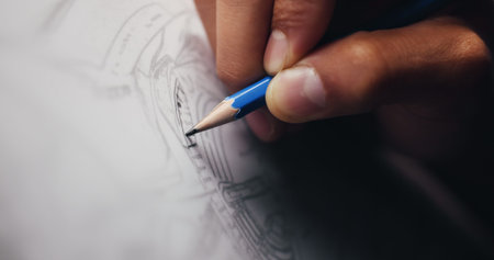 Hand, drawing or man with pencil, architecture or blueprints for renovation project. Tool, closeup...