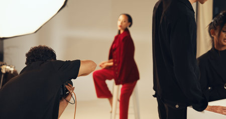 Man, photographer and camera for photoshoot in studio of photography, casting and backstage....