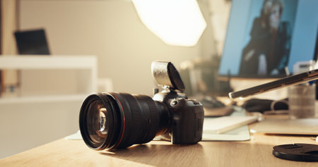 Backstage, digital or camera equipment closeup for creative photoshoot, recording or content capture. Filmmaking, studio and technology for professional photography, multimedia or magazine productionの写真素材