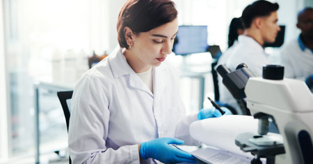 Woman, scientist and check document in lab of medical study, experiment results and information....