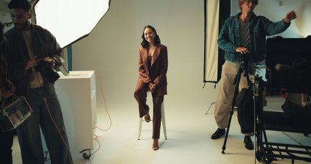 Photography, portrait and smile with model in studio for catalog or magazine photoshoot. Backstage,...