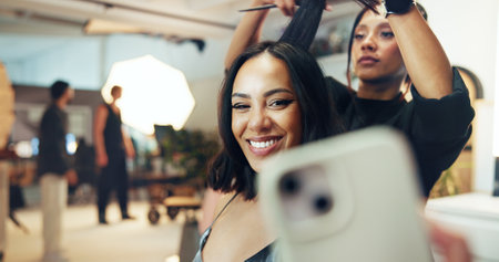 Smile, woman and stylist for selfie of fashion photography, social media post and magazine team. People, beautician or influencer photoshoot of interview, film production and bts of creative industryの写真素材