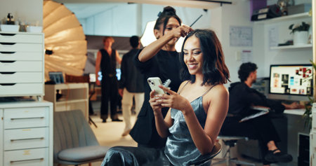 Makeup, phone or photography with hair stylist and model in studio for behind the scenes...