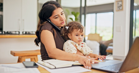 Laptop, phone call or remote work with mother and baby in home for development of small business. Busy, computer or multitasking with single parent and child in apartment for freelance or startupの写真素材