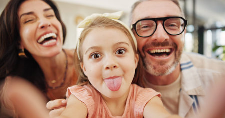 Selfie, laughing and family on sofa in home for memory, bonding or social media post together....