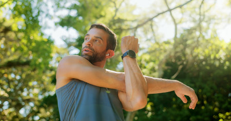 Athlete, man and stretching for fitness outdoor of cardio exercise, training and marathon. Active...
