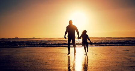 Ocean, sunset and father with girl, holding hands and travel with happiness, bonding together and...