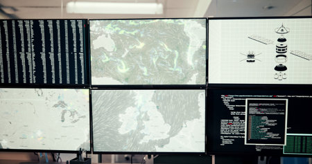 Computer, screen and data with map, control room and broadcast for news research. Surveillance,...