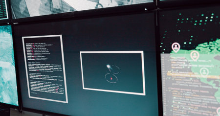 Computer, screen and satellite for security safety of global surveillance, coding and monitor...