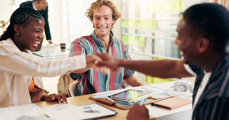 Friends, students and stack hands at university, motivation and support for progress with group assessment. People, happy and excited with goal, success or research for education, learning or collegeの写真素材