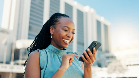 Happy, phone and business with black woman in city for client email, networking app or urban...