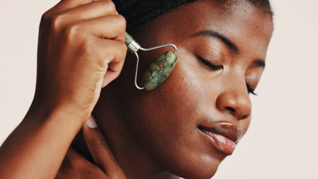 Facial roller, skincare and black woman in studio with natural, health and beauty routine. Wellness, massage and African female person with jade stone tool for lymphatic drainage by white background.の写真素材