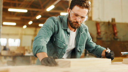 Carpenter, wood and blow dust with project, process or manufacturing furniture. Woodwork, man and...