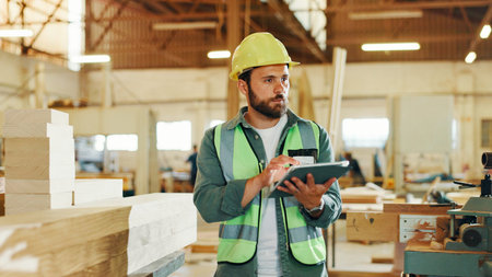 Engineer, man and carpenter with tablet for woodwork, manufacturing and furniture production....
