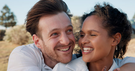 Hug, love and relax with couple in nature for travel vacation, bonding and romantic date. Happiness,...