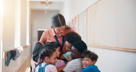 School, care and children hugging teacher for bonding, learning and education development. Happy, connection and kids embracing woman educator for greeting or welcome at kindergarten academy.の写真素材