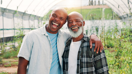 Farmer, men and portrait with black family in greenhouse for agriculture, vegetables and growth. Sustainability, happy and plant with senior father and man for organic, eco friendly and harvestの写真素材