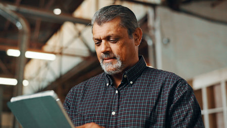 Business, scroll and man in workshop, tablet and carpenter with email for online order. Mature...