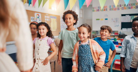 Teacher, education and lesson with students in classroom for child development, future and learning....