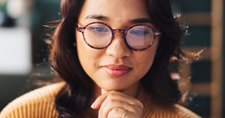 Thinking, woman and ideas with glasses at house for reflecting, planning and weekend inspiration....